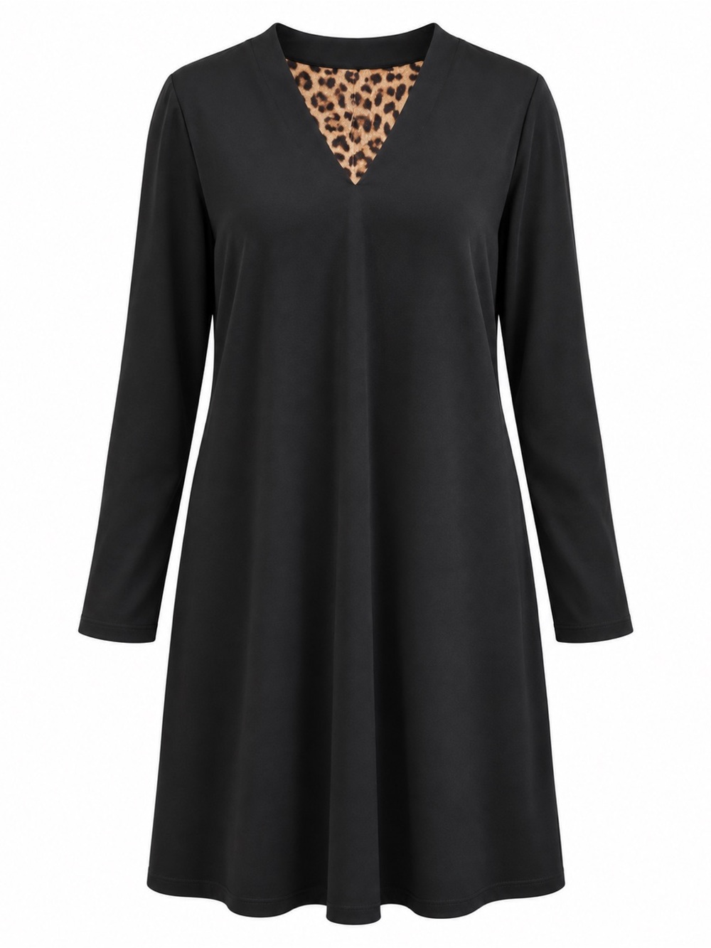 Chico’s Black Shift Dress Leopard Lined V-Neck Long Sleeve Size 3 equivalent-XL
